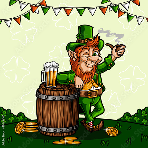 leprechaun smoking with a pipe vector illustration