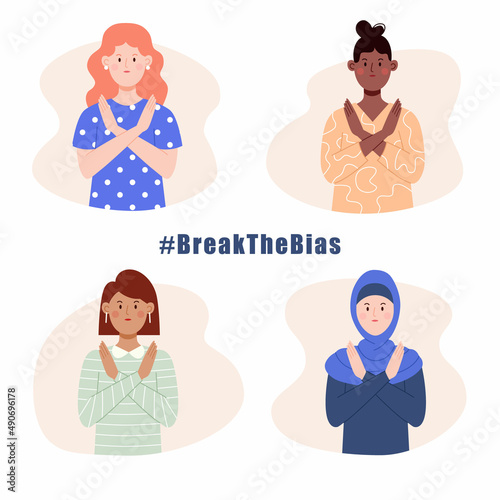 Set of women with crossed arms. Break The Bias for International Women's Day. March 8.
