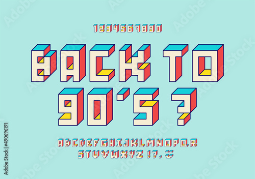 Colorful Isometric 3d alphabet. Retro geometric font. Letters and numbers in the style of 80s, 90s. Flat digital pixel style. 8 bit cubic alphabet in perspective. Vector illustration.