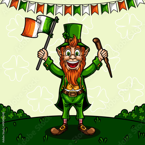 leprechaun raising irish flag vector illustration