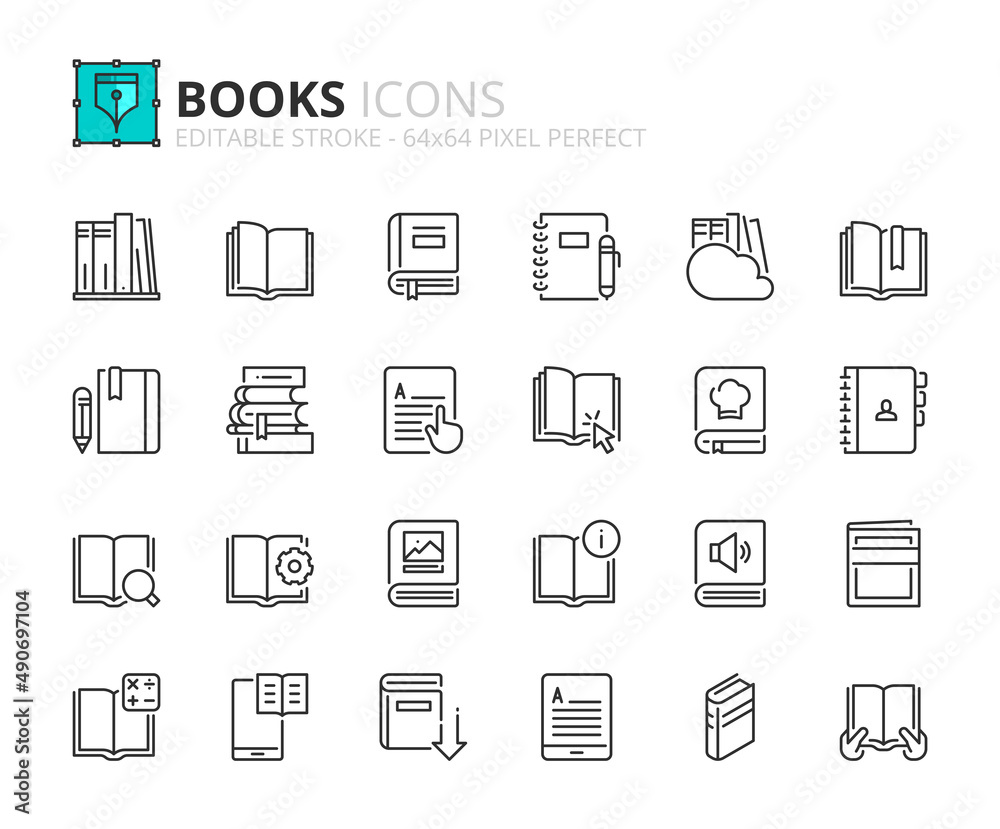 Simple set of outline icons about books. Simple set of outline icons about books.