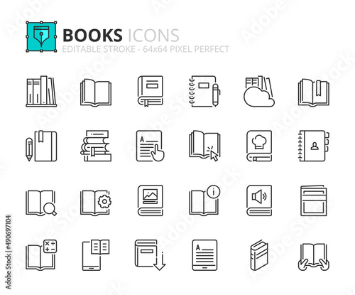 Simple set of outline icons about books.