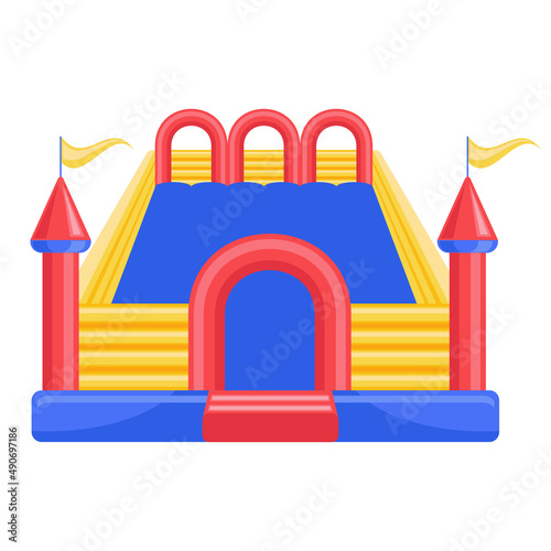 Bouncy inflatable castle. Tower and equipment for child playground. Vector line illustration