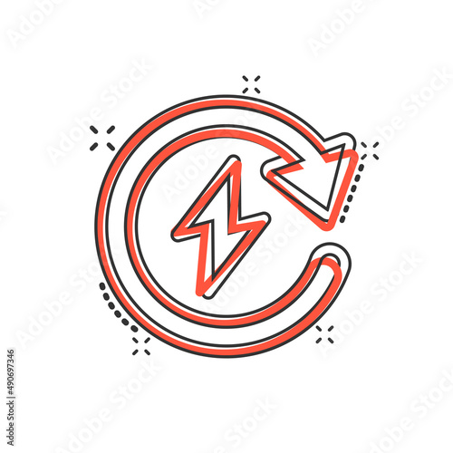 Free Download Energy recharge icon in comic style. Voltage and arrow cartoon vector illustration on white isolated background. Electric splash effect sign business concept. - GFXLoad