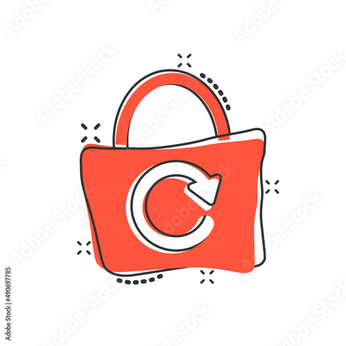Eco bag icon in comic style. Ecobag cartoon vector illustration on white isolated background. Reusable shopper splash effect sign business concept.