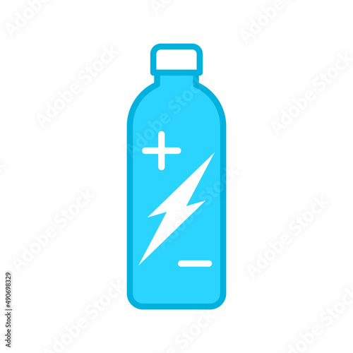 Electrolyte drink bottle icon. Electrolyte enriched product. Beverage container with electric ions. Mineral water sign. Replenish body minerals. Body fluid balance. Vector illustration, flat, clip art photo
