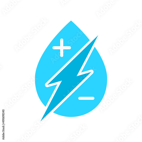 Electrolyte drink icon. Mineral water symbol. Beverages rich in electrolytes. Droplet with electric ions. Fluid and electrolyte balance. Replenish body minerals. Vector illustration, flat, clip art. photo