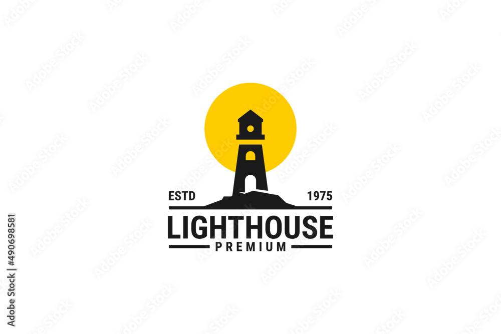 Lighthouse searchlight tower island concept simple line art style logo design Lighthouse searchlight tower island concept simple line art style logo design