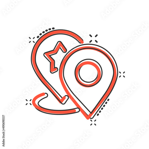 Map pin icon in comic style. GPS navigation cartoon vector illustration on white isolated background. Locate position splash effect business concept.