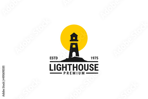 Lighthouse searchlight tower island concept simple line art style logo design