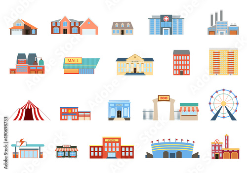Set of colored icons of city infrastructure buildings. Twenty vector objects isolated on white background