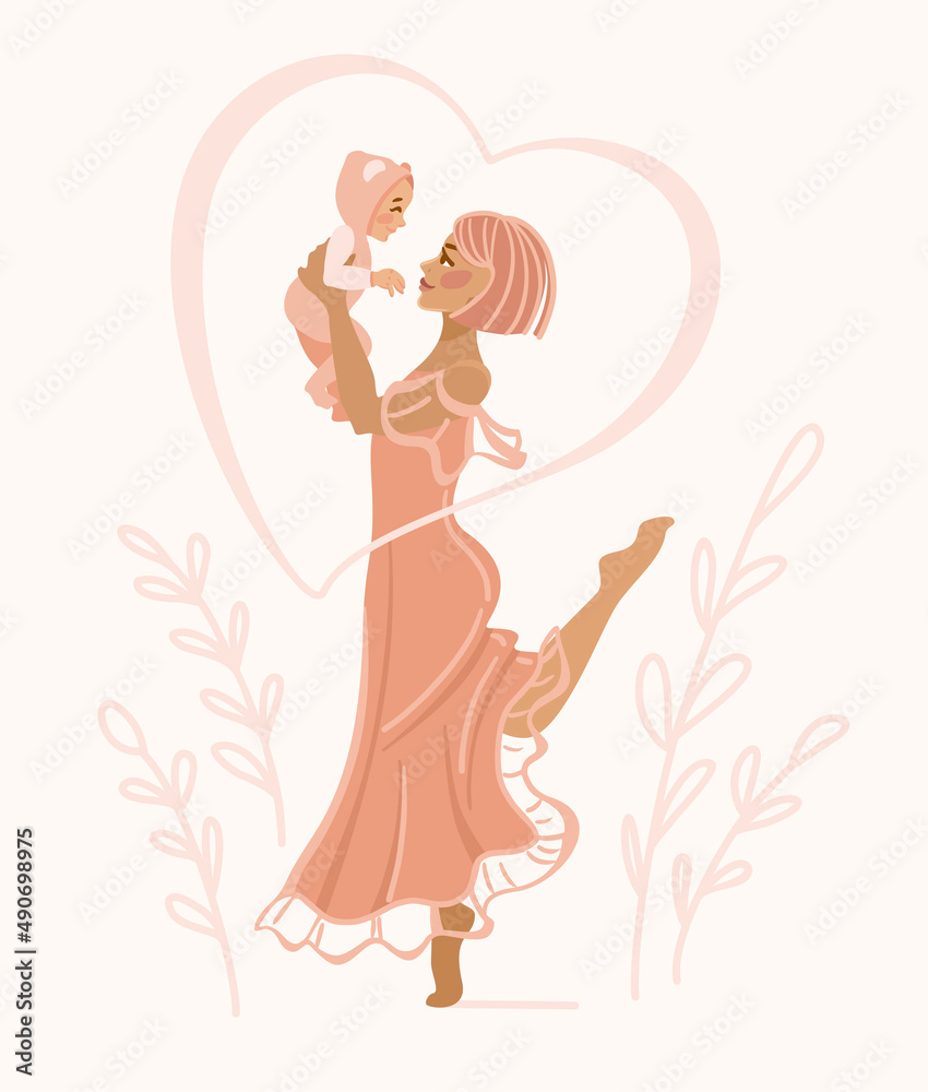 Smiling mother holding her baby in her arms. Greeting card. Mothers Day. Motherhood. Love. Vector. Smiling mother holding her baby in her arms. Greeting card. Mothers Day. Motherhood. Love. Vector.