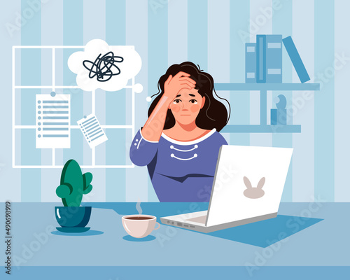 A tired woman in the workplace. A workaholic girl works at a computer. Overexertion, stressful work and emotional burnout. Vector illustration