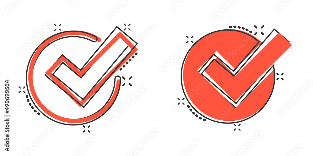 Check mark sign icon in comic style. Confirm button cartoon vector illustration on white isolated background. Accepted splash effect business concept. Stock Vector | Adobe Stock Check mark sign icon in comic style. Confirm button cartoon vector illustration on white isolated background. Accepted splash effect business concept. Stock Vector | Adobe Stock