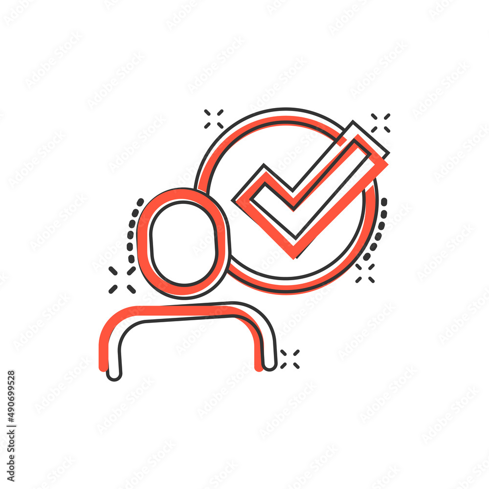 Organization management icon in comic style. People with check mark cartoon vector illustration on white isolated background. Businessman splash effect business concept.