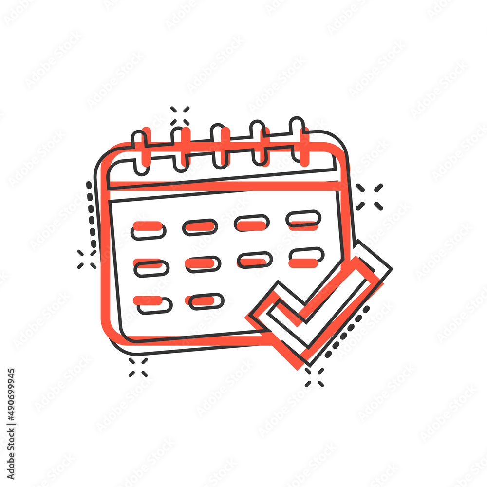 Calendar icon in comic style. Agenda cartoon vector illustration on white isolated background. Schedule planner splash effect business concept. Calendar icon in comic style. Agenda cartoon vector illustration on white isolated background. Schedule planner splash effect business concept.