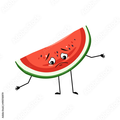 Watermelon character with sad emotions, depressed face, down eyes, arms and legs. Person with melancholy expression, fruit emoticon. Vector flat illustration