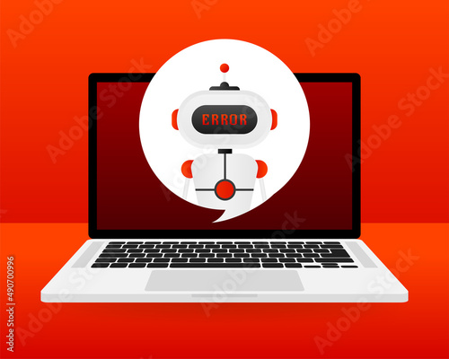 Error chatbot glyph icon. Silhouette symbol. Talkbot with error in speech bubble. Error bot. Artificial intelligence