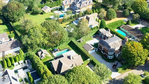 Villas in rich neighborhood in Southampton, Long Island, USA, drone. photo