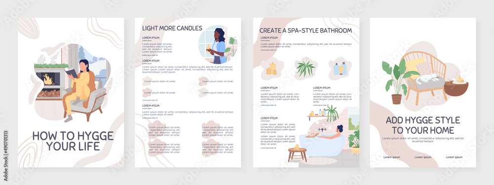 How to hygge your life flat vector brochure template. Scandinavian style booklet, leaflet printable flat color designs. Simple magazine page, reports kit with text space. Sniglet, Comfortaa fonts used