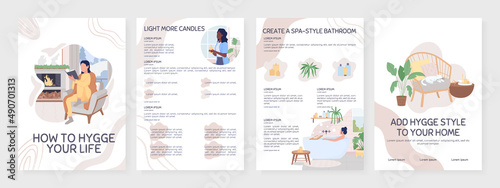 How to hygge your life flat vector brochure template. Scandinavian style booklet, leaflet printable flat color designs. Simple magazine page, reports kit with text space. Sniglet, Comfortaa fonts used