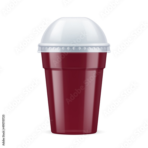 Brown Plastic Cup with Lid For Single Use. Disposable Container Mockup for Drinks Isolated on White Backdrop