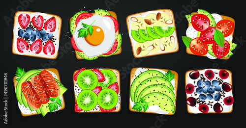 Set of toasts and sandwiches with different healthy ingredients.  Flat vector illustration isolated on black