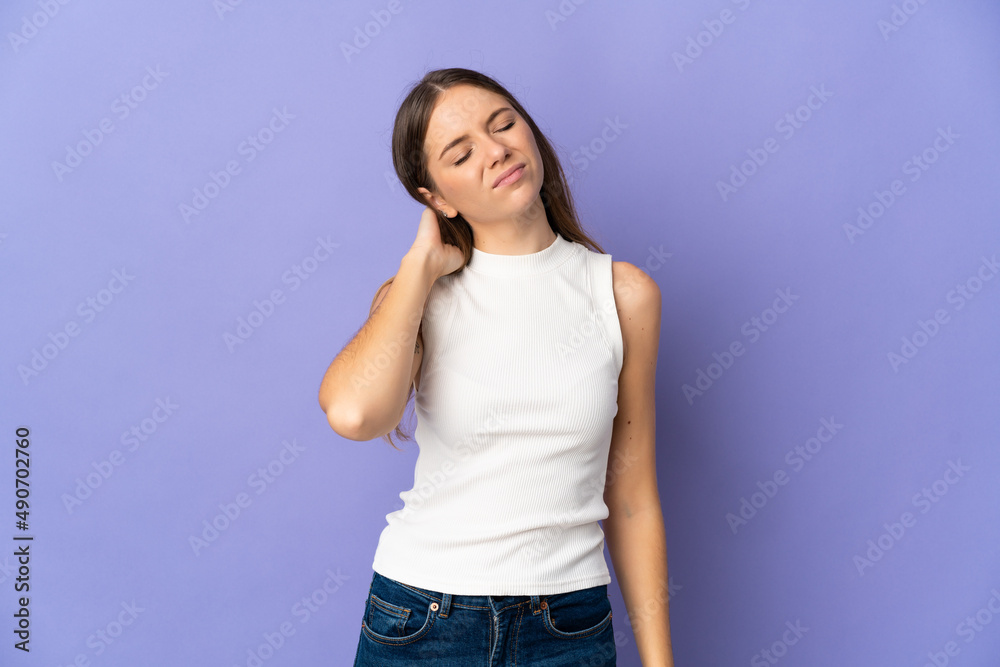 Young Lithuanian woman isolated on purple background with neckache Young Lithuanian woman isolated on purple background with neckache