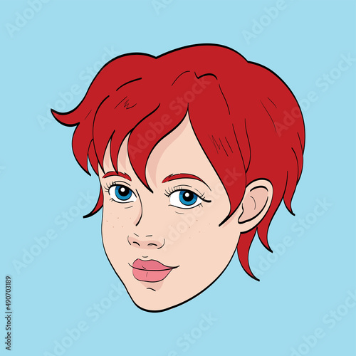 Hand drawn female fashion portrait. Avatar of a young woman, redheaded teenager girl with short haircut. Vector doodle illustration. Sketch of girl's head