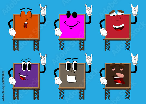 Billboard with hands in rocker pose. Cute cartoon advertisement sign, banner character.