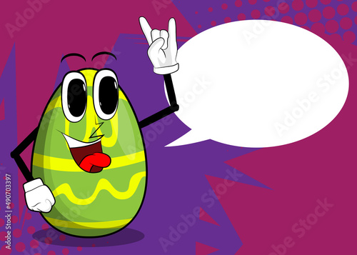 Easter Egg with hands in rocker pose. Cartoon character with funny face for the Easter holiday.