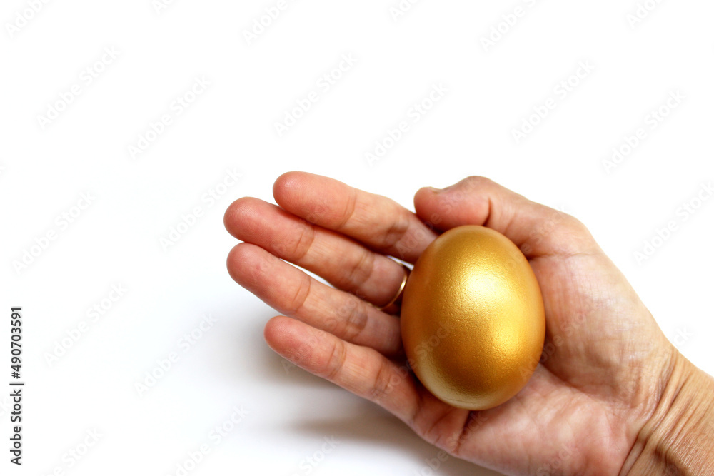 The golden eggs in hand isolated on the white background The golden eggs in hand isolated on the white background