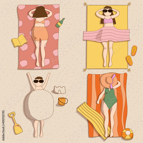 Set of woman laying, sunbathing or rellaxing on the beach. Cute colorful flat vector illustration photo