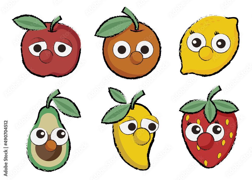 Cute cartoon fruits with face collection flat vector illustration Stock