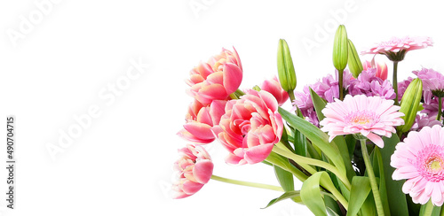 Fototapeta Naklejka Na Ścianę i Meble -  Composition with beautiful blooming Tulips and Barberton Daisy (Gerbera jamesonii) flowers on white background , pink colors , macro 
