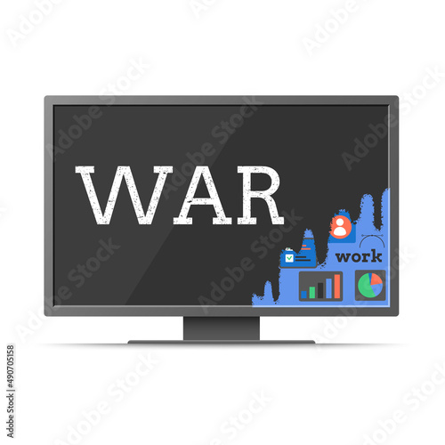 The concept of the impact of war and information about it on work and the creation of unemployment. The monitor screen is flooded with black liquid.