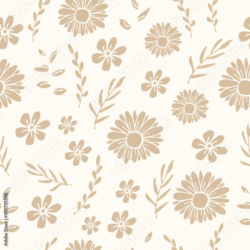 vintage floral pattern background. hand drawn vector, seamless pattern. blooming flower with leaf illustration. brown color. art for wallpaper, wrapping paper and gift, backdrop, fabric, textile. 