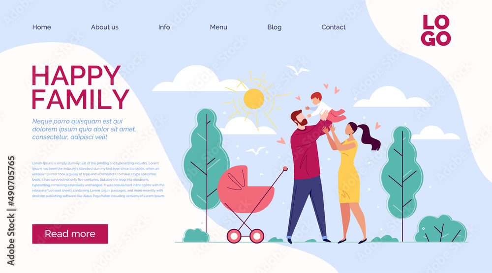 Happy family: father, mother and baby in the background of nature and the shining sun. Template design with text, logo, button. Vector illustration in flat cartoon style.