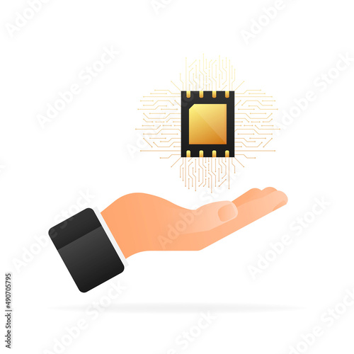 Digital e sim chip motherboard digital chip in hand. Modern icon. White background. Vector template. Communication icon symbol