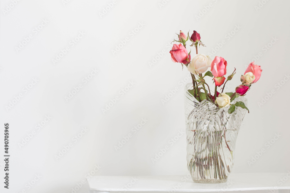 pink and white roses on glass vase on white wooden shelf pink and white roses on glass vase on white wooden shelf