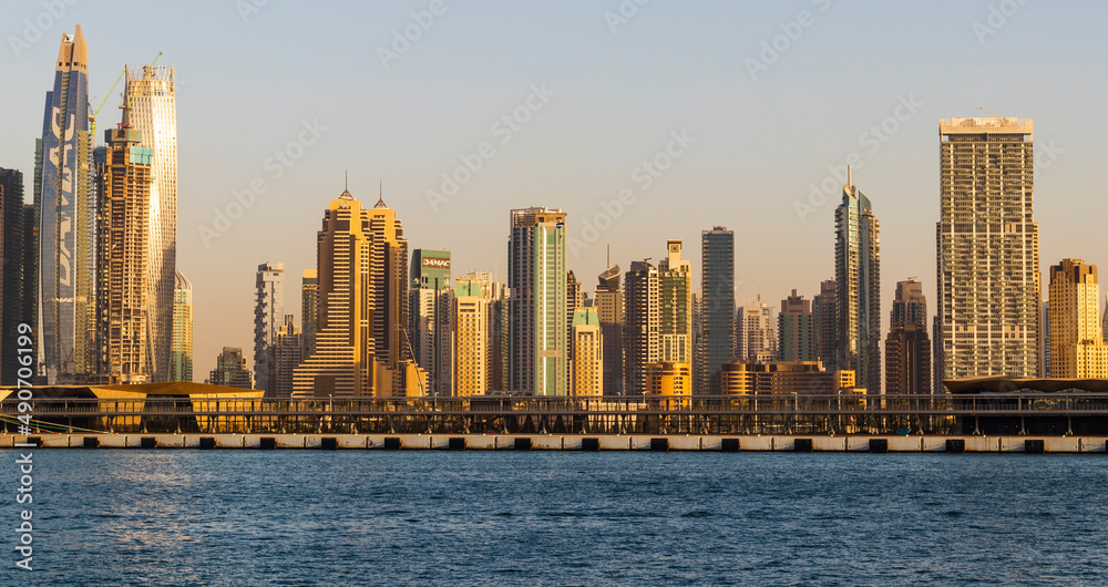 Dubai, UAE - 02.20.2022 View of a towers in Dubai Marina district. City