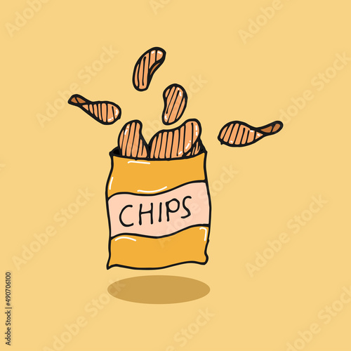 potato chips package illustration. golden color. pile of chips, open package. hand drawn vector. floating with shadow. doodle art for business logo, label, sticker, clipart, advertising, poster. 