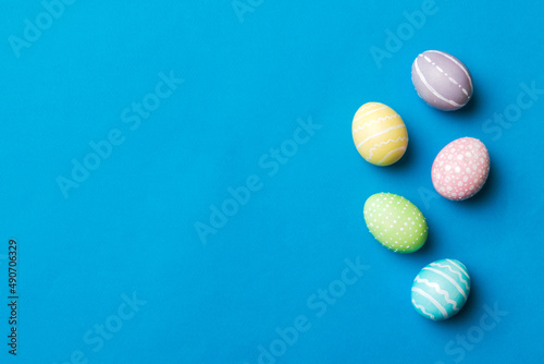 holiday preparation Multi colors Easter eggs on colored background . Pastel color Easter eggs. holiday concept with copy space