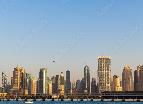 Dubai  UAE - 02.20.2022 View of a towers in Dubai Marina district. City