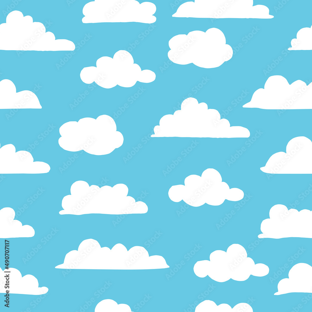 seamless pattern with white cloud illustration on blue background. hand drawn vector. bright and clean sky. doodle art for wallpaper, fabric, textile, baby clothes, backdrop, wrapping paper and gift. 