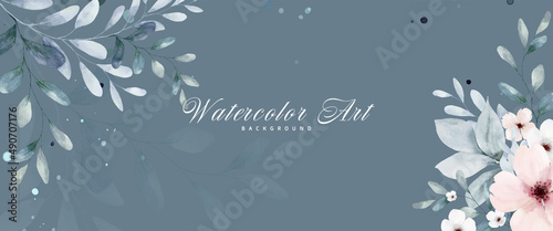 Abstract art watercolor flowers painting for navy blue background
