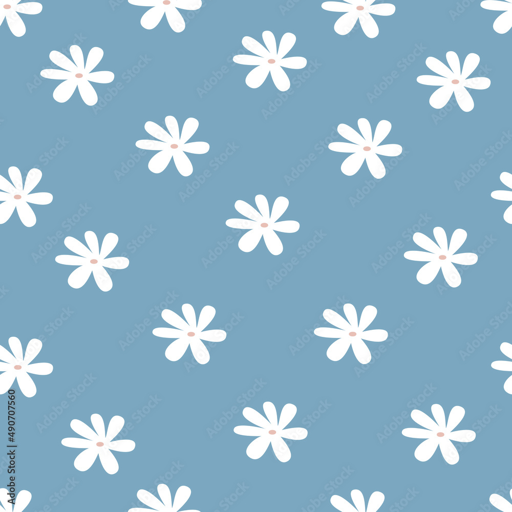 Spring cute flowers seamless pattern. Beautiful floral background. Simple botanical vector print. Abstract white daisies on a blue background. Spring cute flowers seamless pattern. Beautiful floral background. Simple botanical vector print. Abstract white daisies on a blue background.