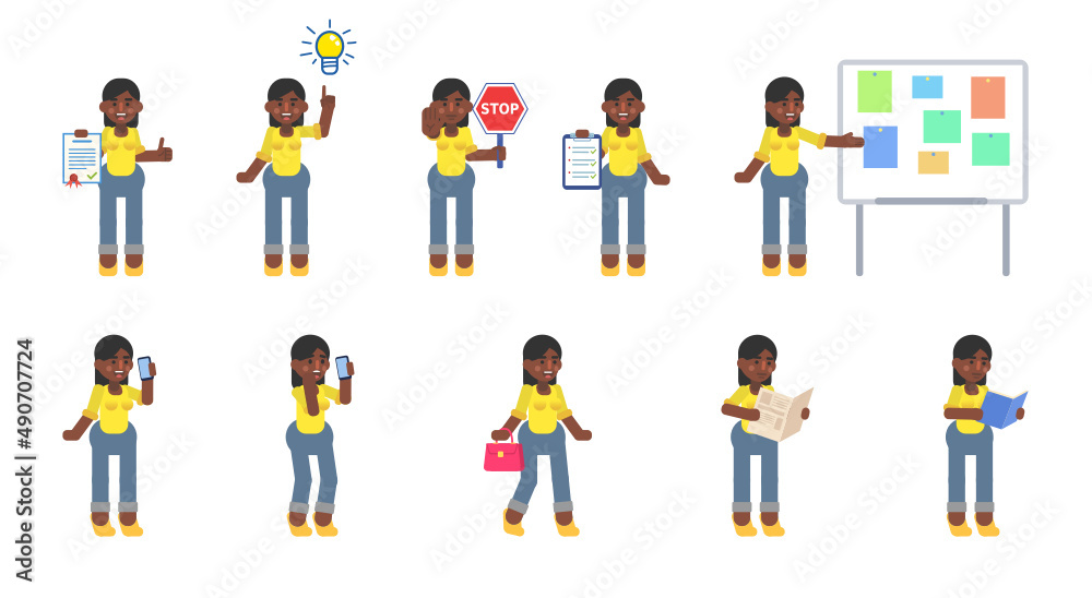 Set of businesswoman characters in various situations. Woman holding document, clipboard, stop sign, talking on phone, running, reading and other actions. Modern vector illustration