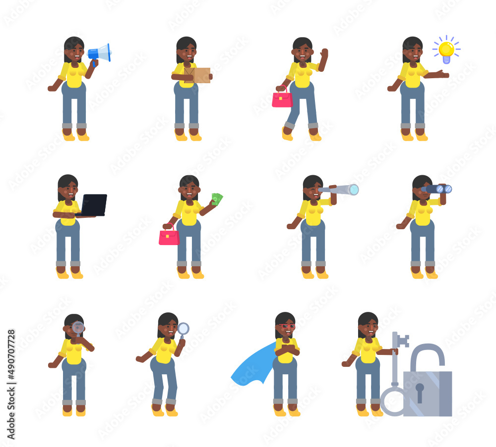 Set of businesswoman characters in various situations. Woman holding loudspeaker, package box, spyglass, magnifier, money and other actions. Modern vector illustration