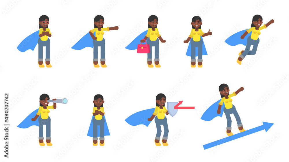 Set of businesswoman characters with super hero cloak in various situations. Modern vector illustration